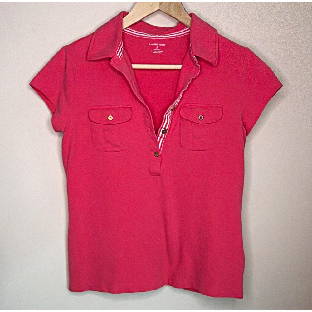 Lands' End Pink Solid Collared Short Sleeve Stretch Knit Polo Shirt Small